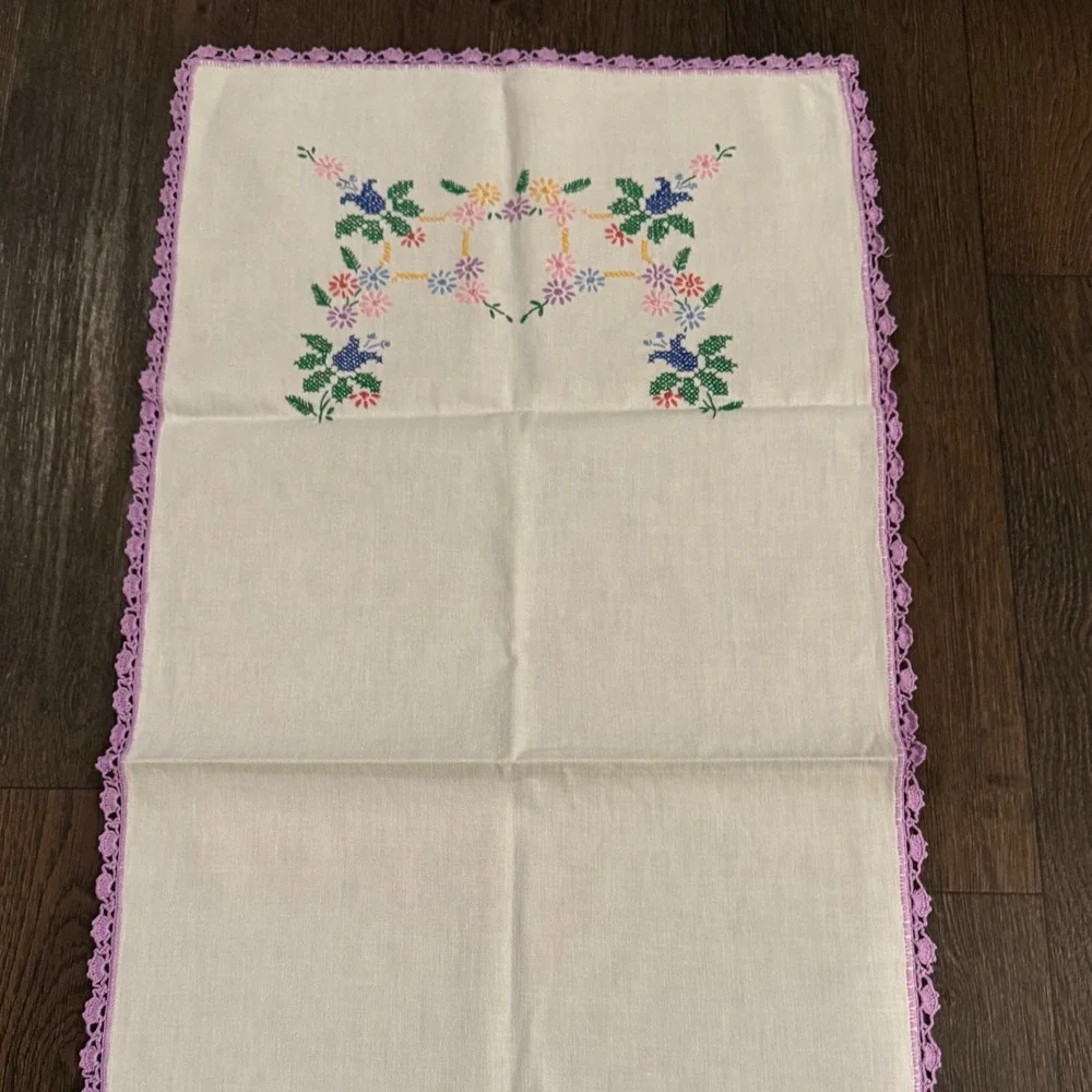 Vintage 42 X 19 Embroidered Floral Cross Stitch Table Runner Purple Crochet Trim